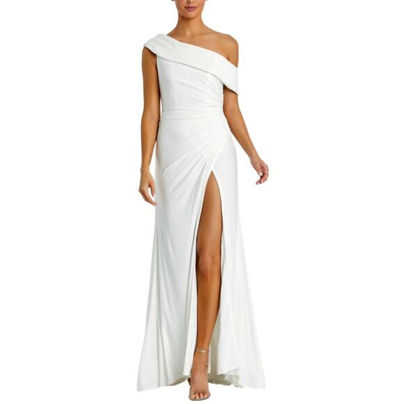 Mac Duggal Foldover Off-Shoulder Asymmetric Ruched White Jersey Maxi Gown sz 14 - Picture 3 of 16